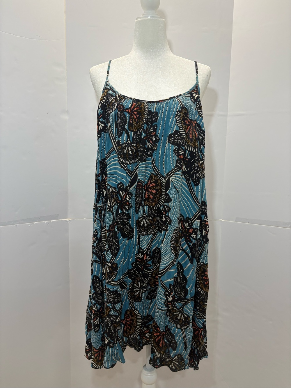 Anthropologie Blue Floral Swing Midi Dress Low Back Strappy Boho Size L